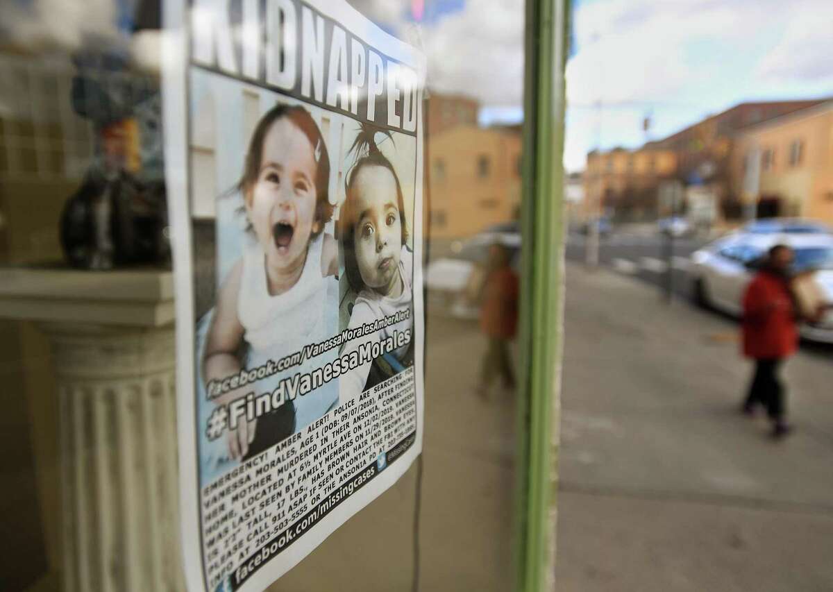 Flyers alerting the public to the hunt for missing toddler Vanessa Morales still hang in windows of Main Street Ansonia businesses on the one year anniversary of her disappearance from her home in Ansonia, Conn. on Tuesday, December 1, 2020.