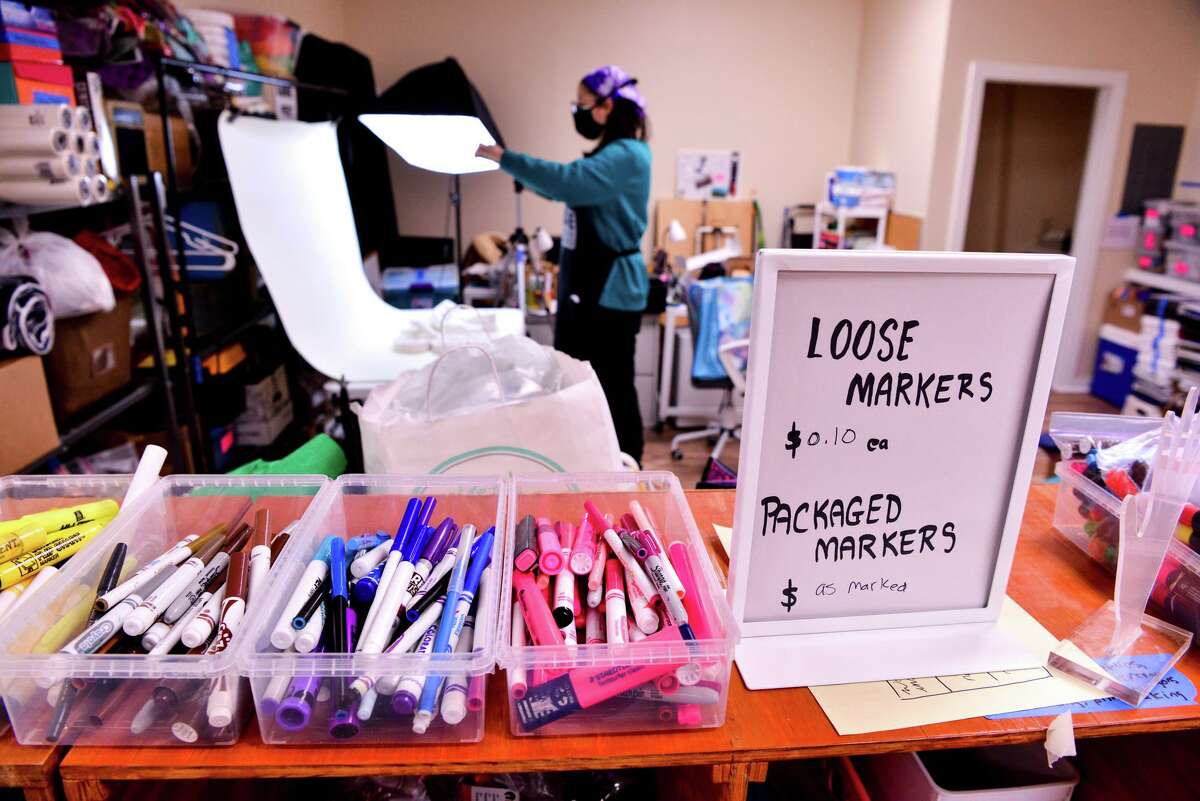 Loose markers are just some of the discounted and donated products at the Spare Parts Center for Creative Reuse.