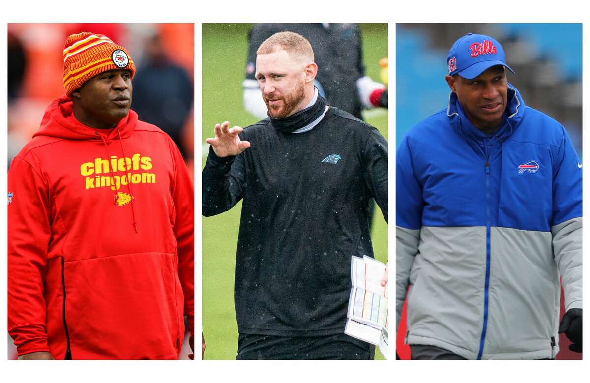 Eric Bieniemy (left), Joe Brady (middle) and Leslie Frazier are some of the candidates the Texans have interviewed or requested to interview for head coach.