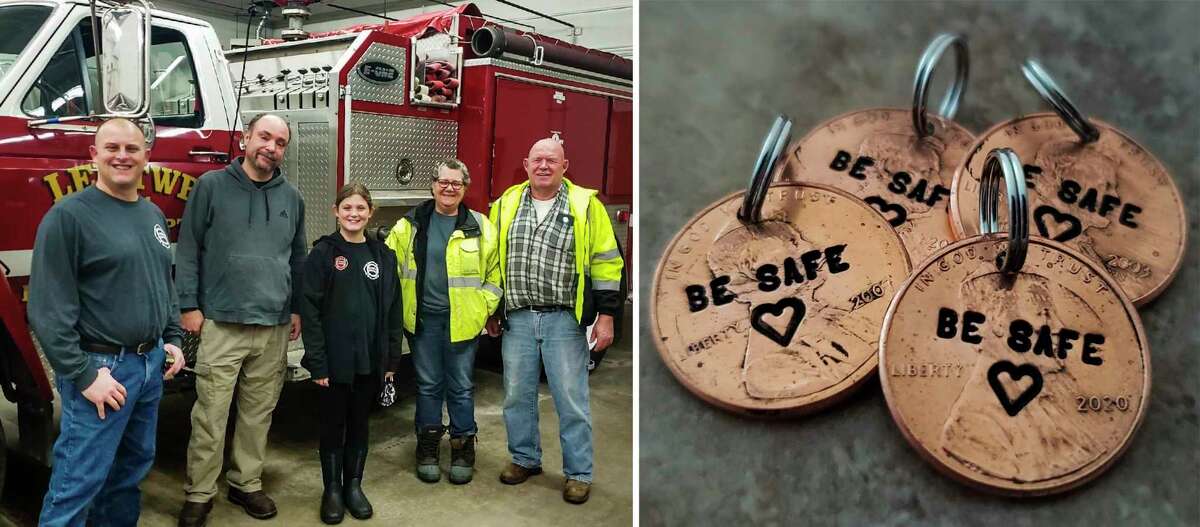 Left: Tiffany Demski of Auburn Hills, 10, center, poses for a picture with members of the Lee Township Fire Department after bringing them a batch of the stamped pennies she makes for first responders. Right: The pennies Demski makes are stamped with the message "Be safe." (Photos provided/Angee Demski)