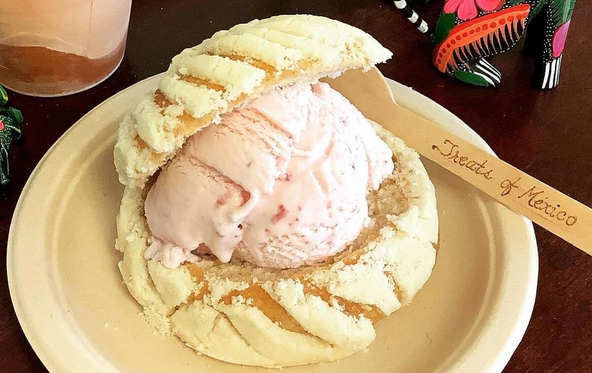 Treats of Mexico offers a unique twist on the ice cream sandwich by nestling the scoops inside a concha.