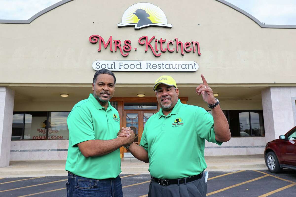 Owner Garlan McPherson, left, with Keith Scott, his brother and business partner, outside the new Mrs. Kitchen Soul Food Restaurant at 5237 Walzem Rd. in Windcrest on Tuesday, Jan. 12, 2021.