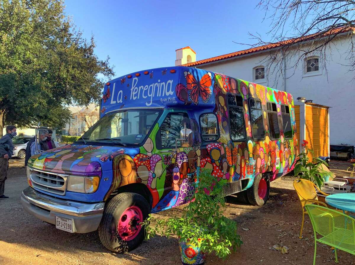 “La Peregrina,” a repurposed Ford E-350 bus painted by artist Regina Moya, is part of the plaza in the parking lot of the San Antonio Mennonite Church in the King William District.