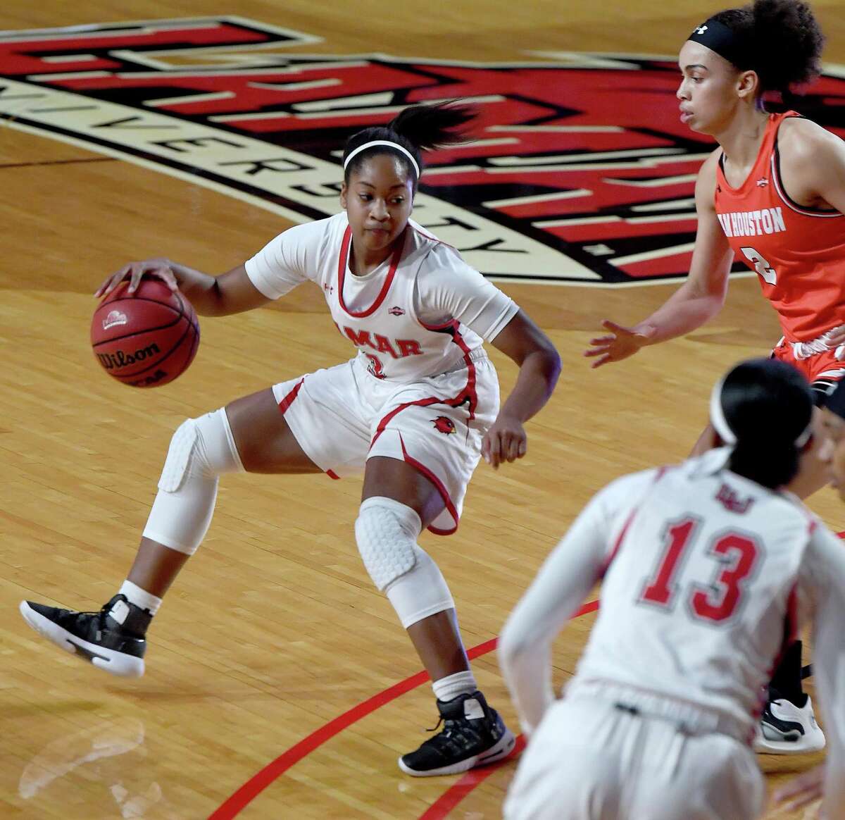 Lamar's Sabria Dean moves the ball inside as they face Houston Baptist at home Wednesday. Photo taken Wednesday, January 13, 2021 Kim Brent/The Enterprise