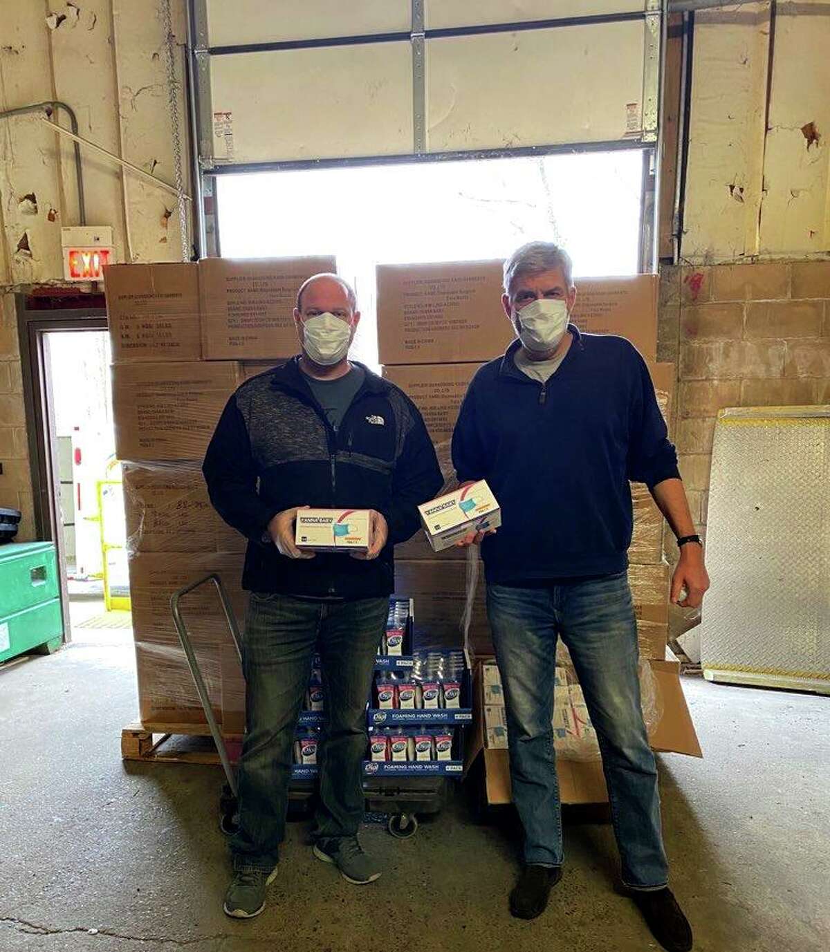 The first deliveries of masks for Masks for Heroes was made possible by (l-r) Stamford Firefighter Patrick Sasser and Masks for Heroes Founder Bob Stefanowski.
