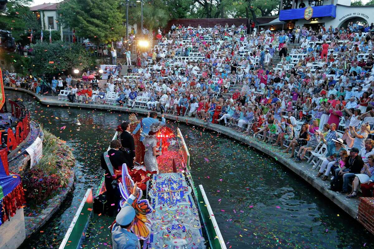 The Order of the Alamo float enters the Arneson River Theatre at La Villita during the 2018 Texas Cavaliers River Parade "Magnificent Missions" held Monday April 23, 2018.