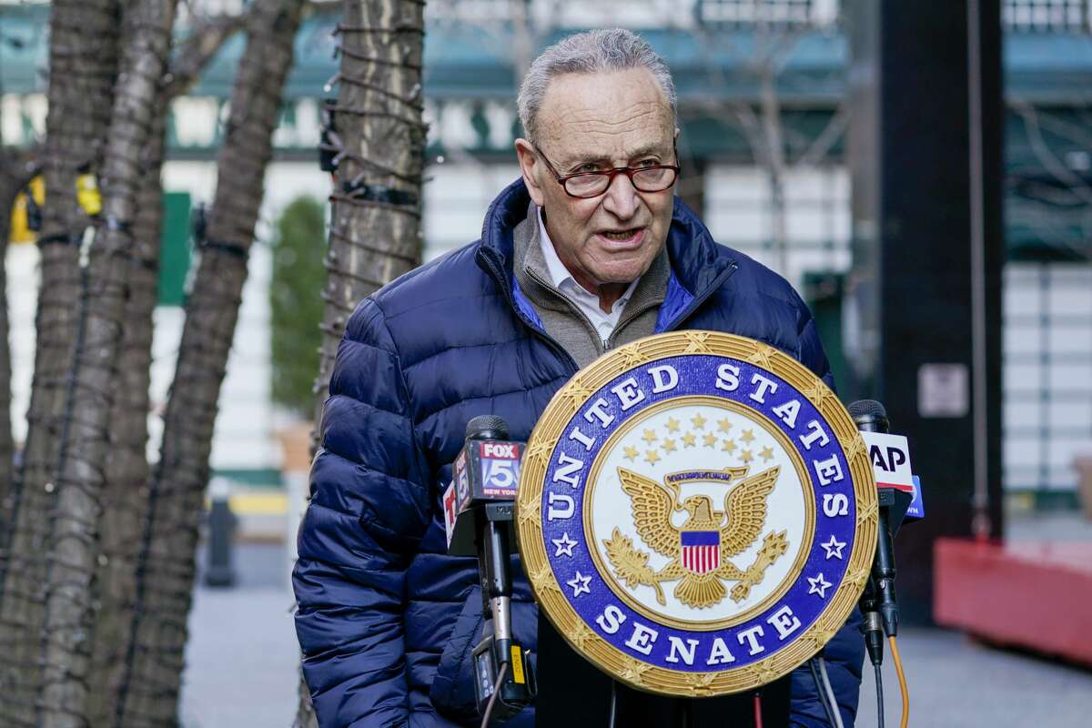 Senate Minority Leader Chuck Schumer, D-N.Y., speaks to reporters during a news conference, Tuesday, Jan. 12, 2021, in New York. (AP Photo/Mary Altaffer)