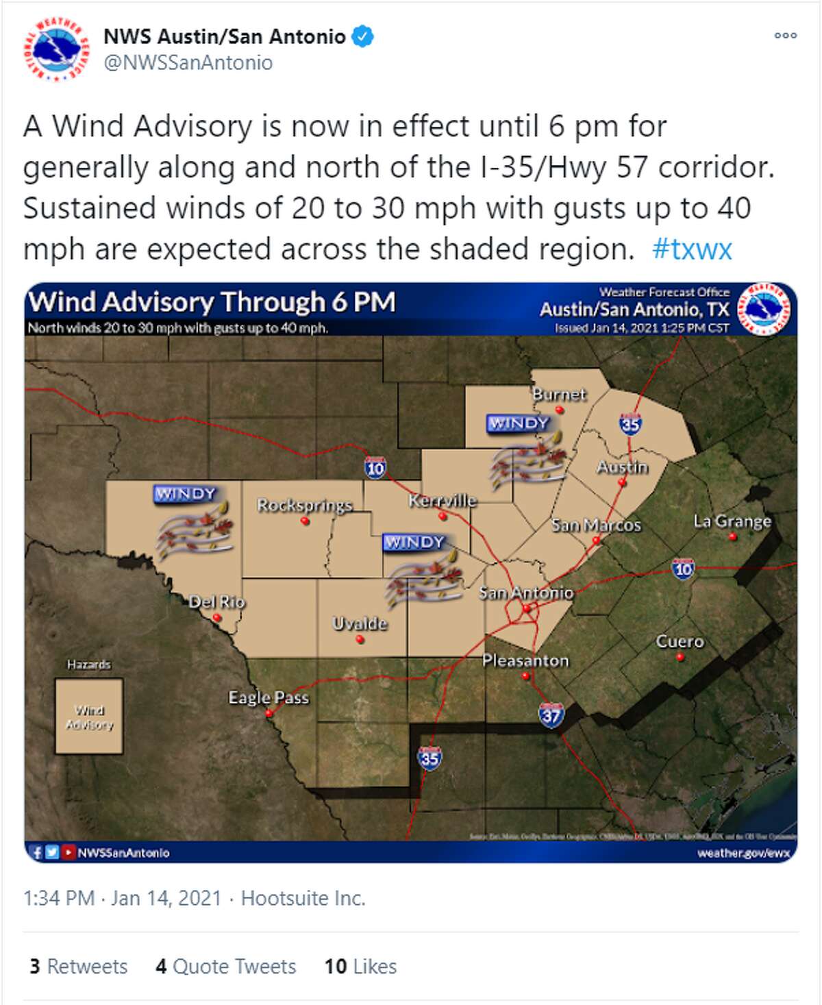 Wind Advisory for San Antonio with possible wind gusts of 40 mph
