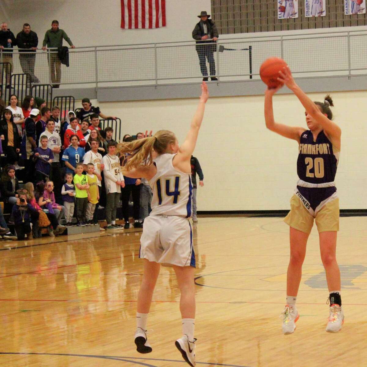 Reagan Thorr shoots a three-pointer against Onekama, less than an hour before she would tear her ACL going for a rebound against the Portagers on March. 6, 2020. (Record Patriot file photo)