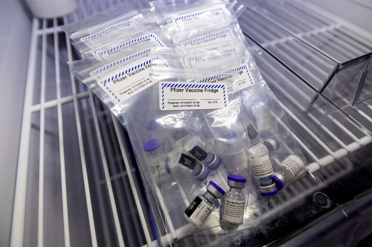 Vials of the Pfizer-BioNTech COVID-19 vaccine in cold storage at UC Davis Health in Sacramento.