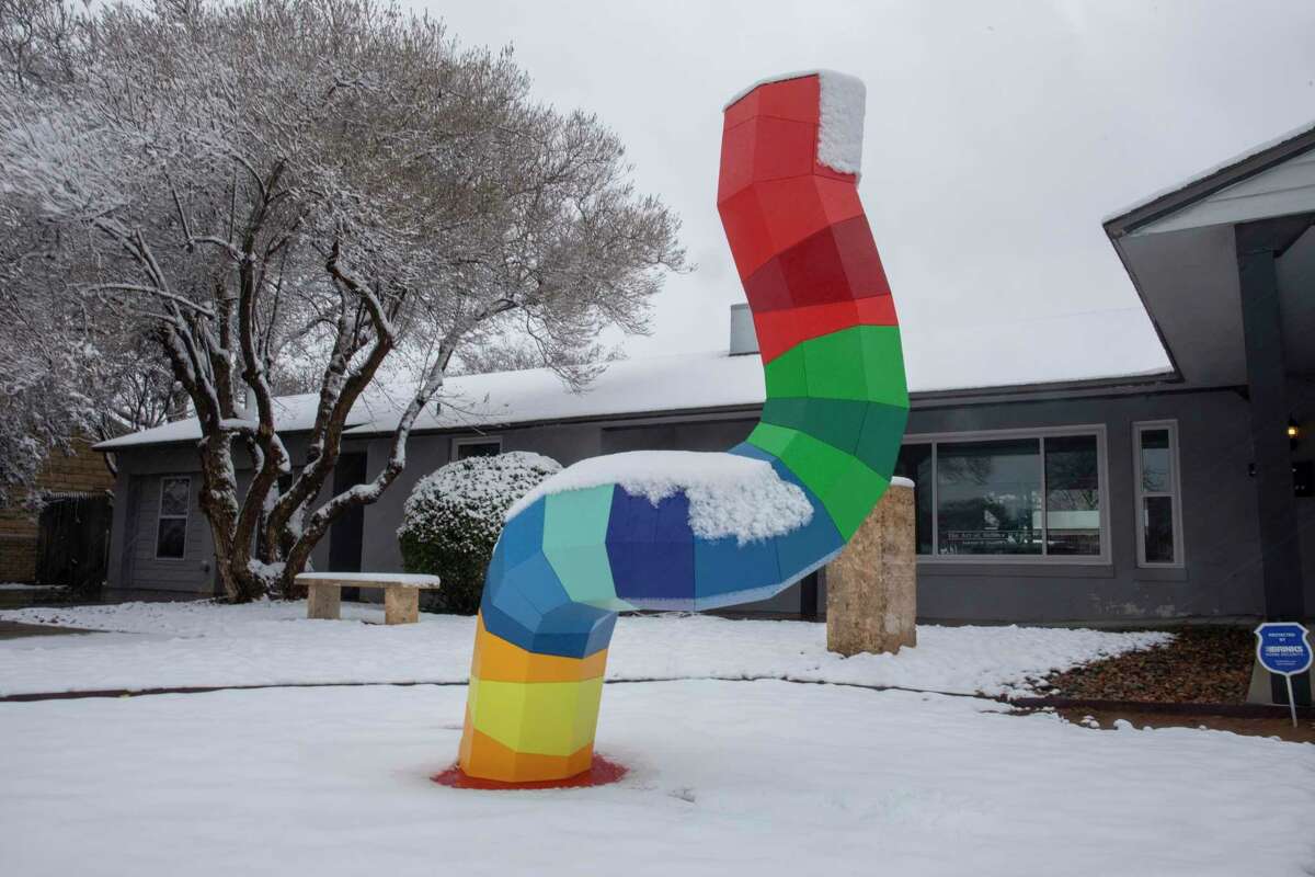 The Arts Council of Midland’s new sculpture “OCTOBLOC” is blanketed in snow on Sunday, Jan. 10, 2021 at 1506 W. Illinois Ave. Jacy Lewis/Reporter-Telegram