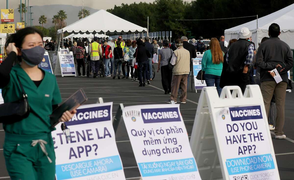 People wait in line to receive the COVID-19 vaccine at a mass vaccination site in a parking lot for Disneyland Resort on January 13, 2021 in Anaheim, California.