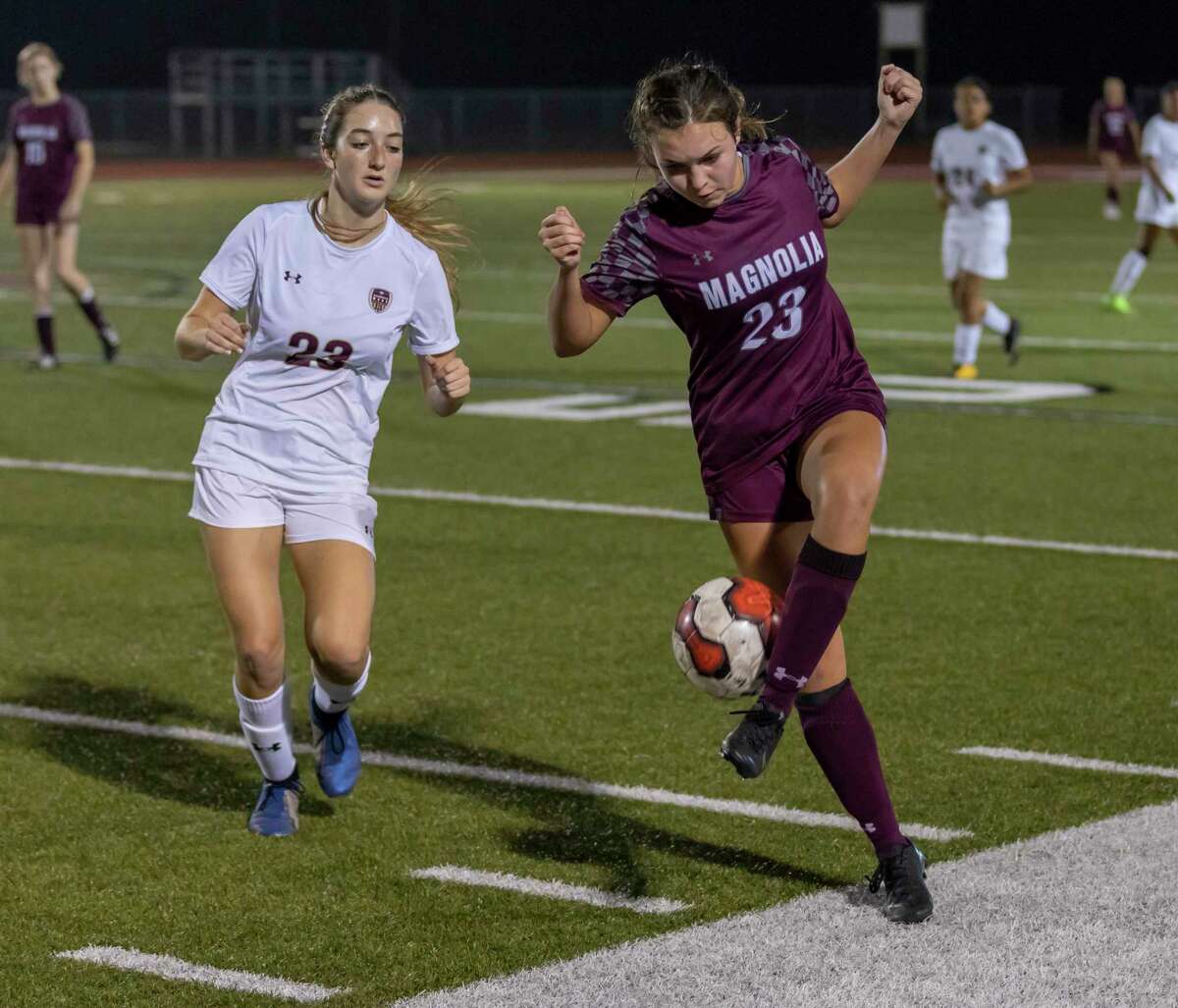 FILE PHOTO — Magnolia soccer player Sammie Guidie (23), seen here during a game last season, scored one of the Lady Bulldogs’ seven goals against Sam Rayburn on Thursday.