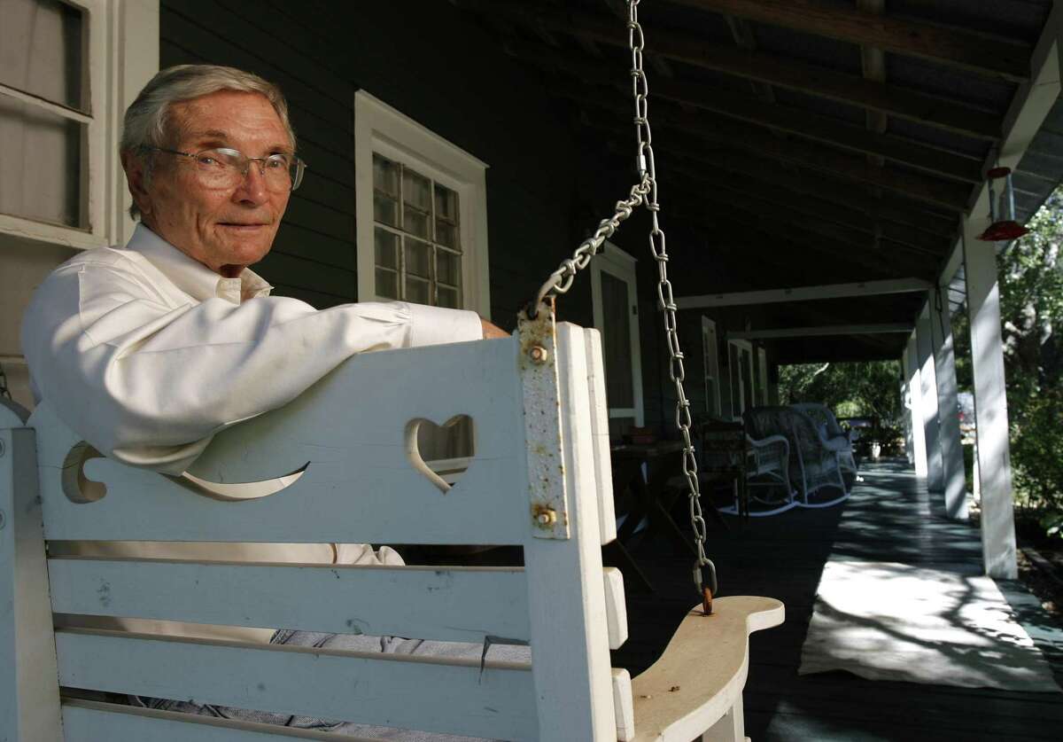 Leon Hale, longtime columnist with the Houston Chronicle, photographed on the infamous front porch, which was immortalized in numerous columns, in Winedale, Texas in 2006.
