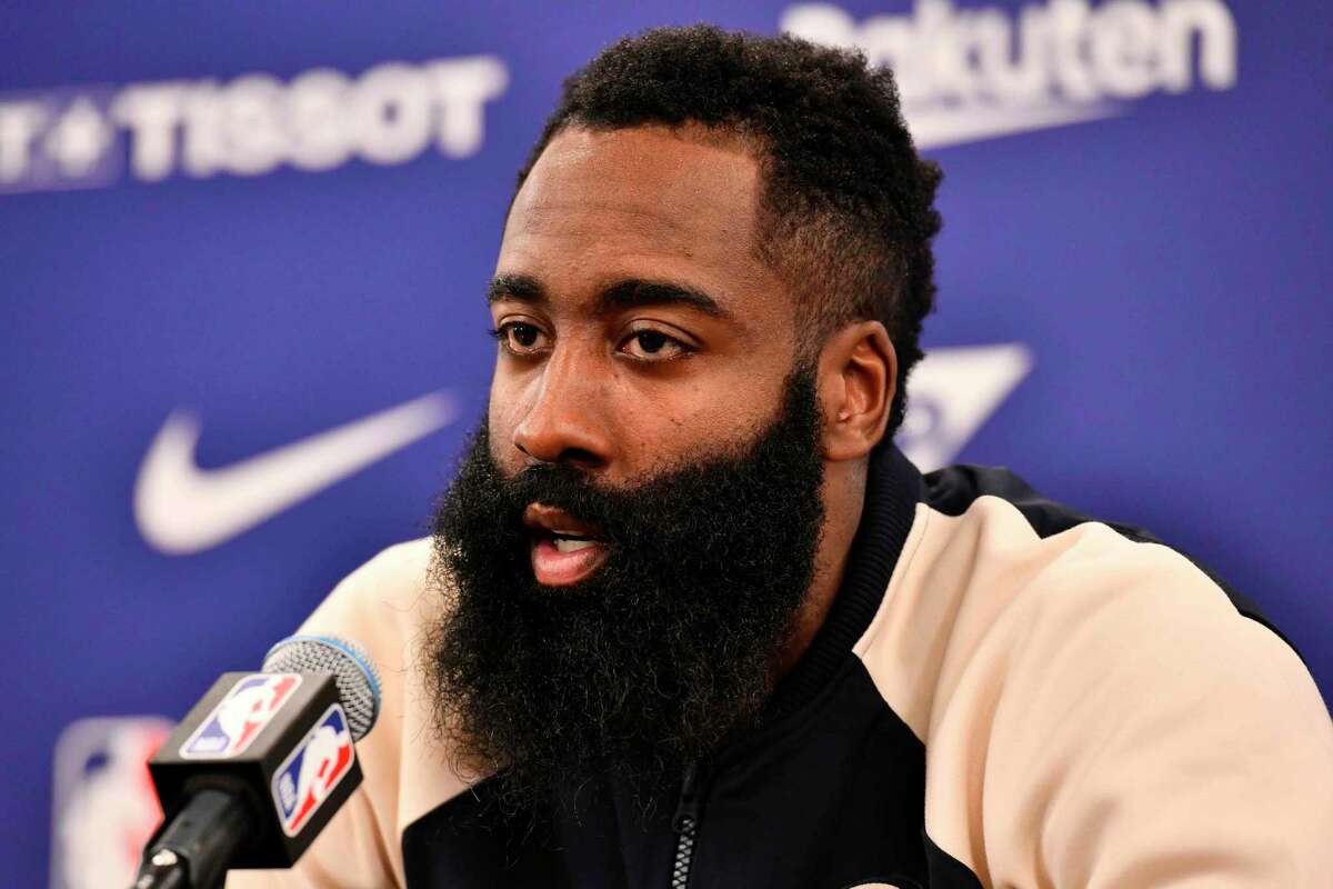In this file photo taken on October 10, 2019 Houston's guard James Harden answers a question after the NBA Japan Games 2019 pre-season basketball match between Houston Rockets and Toronto Raptors in Saitama, northern suburb of Tokyo.