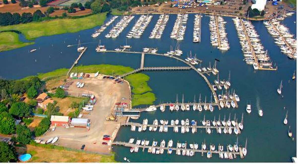 An aerial photo of the existing Goodsell Point Marina, which developer Goodsell Point LLC presented to the Branford Planning and Zoning Commission on Thursday, Jan. 14, 2021.