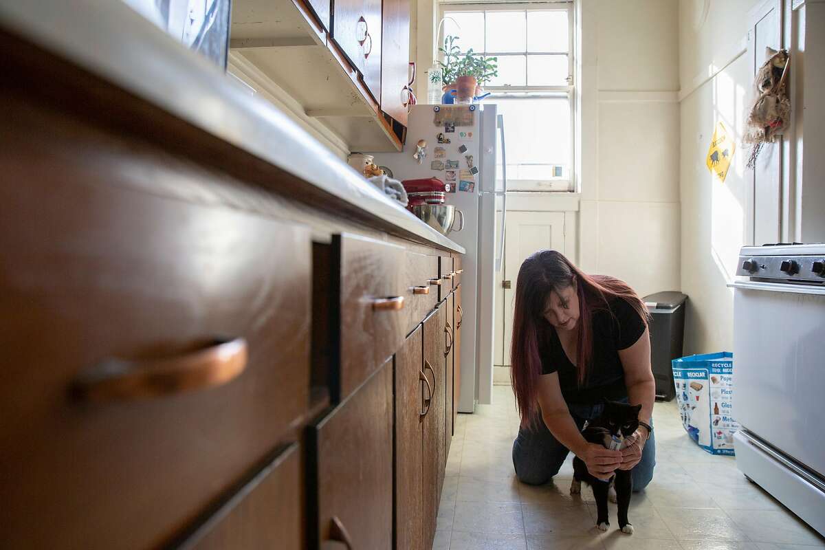 Shelly Ross and her cat Tyler Purrden at their home, Friday, Jan. 15, 2021, in San Francisco, Calif. Shelly Ross, who runs cat-sitting services Tales of the Kitty, is among thousands of Californians whose unemployment benefits were frozen by the state, amid the coronavirus pandemic.