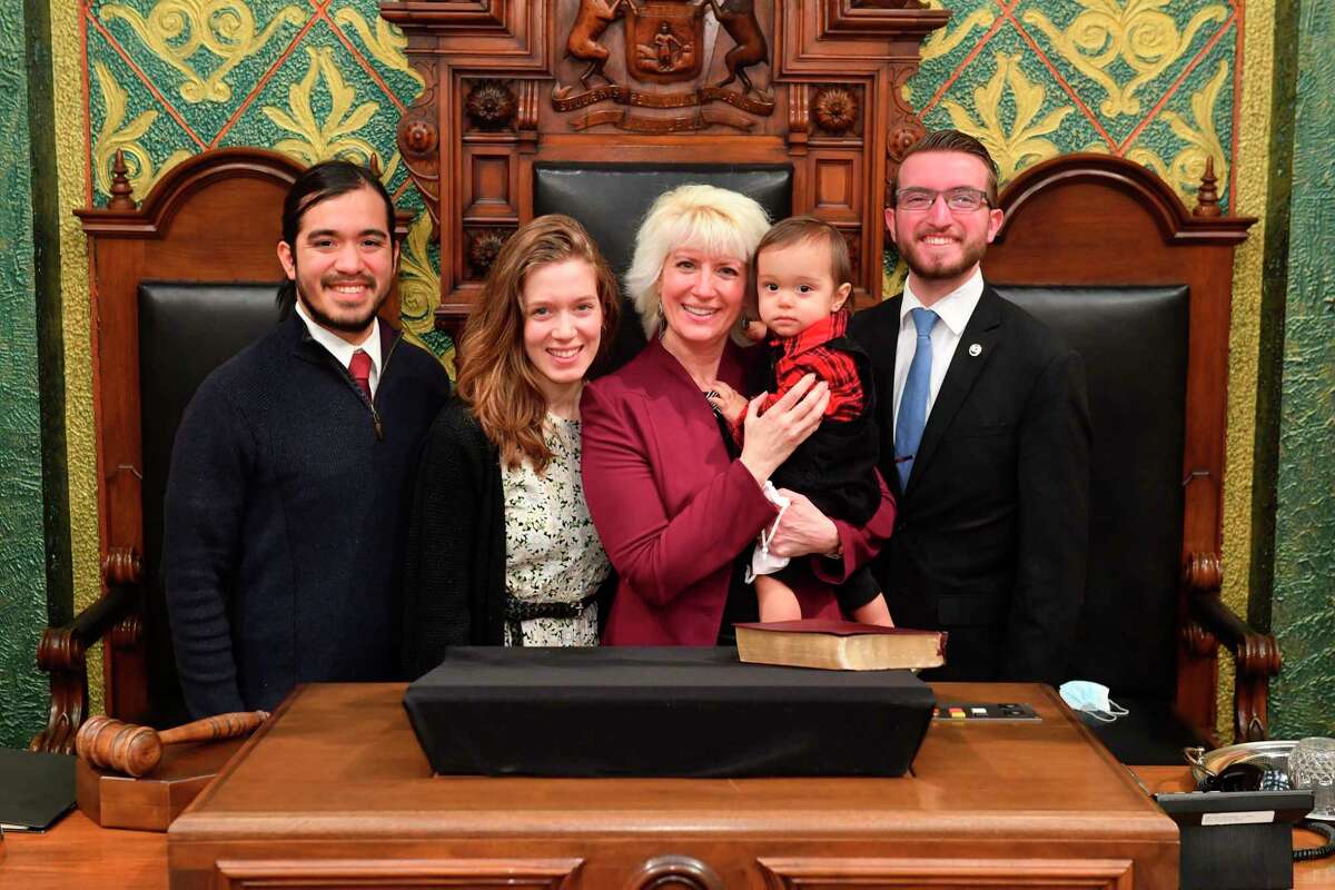 Rep. Annette Glenn is joined by her son-in-law Alejandro, daughter Reagan, grandson Mateo and youngest son Jefferson during the first day of session for the Michigan House in 2021. (Photo Provided)
