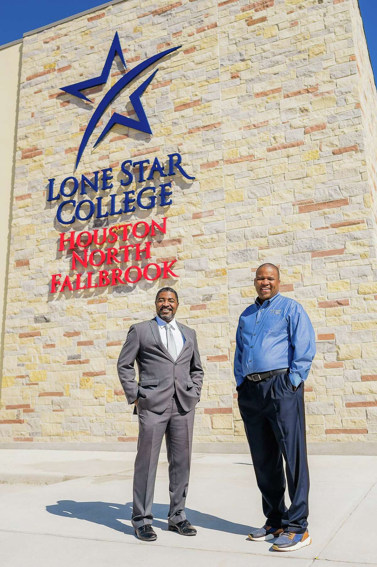 Quentin Wright, Ed.D., Lone Star College Houston North President and Michael A. Pender, Sr., Fallbrook Church Founding and Senior Pastor stand outside the front doors of a two-plus year collaboration to increase the number of college-educated students in the area.