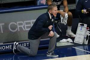 Gonzaga coach Mark Few yells to players during the first half of the team's NCAA college basketball game against Saint Mary's in Moraga, Calif., Saturday, Jan. 16, 2021. (AP Photo/Jeff Chiu)