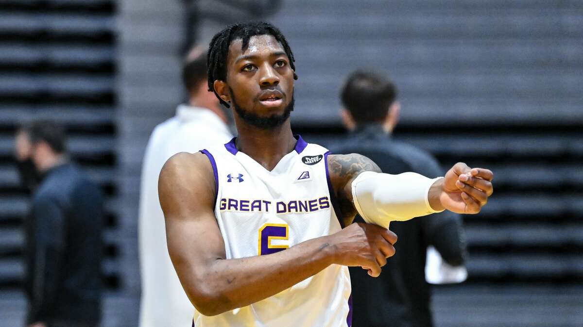 UAlbany guard Jamel Horton during an America East basketball game againstg NJIT on Saturday, Jan. 16, 2021, at SEFCU Arena. (Bob Mayberger/UAlbany athletics)