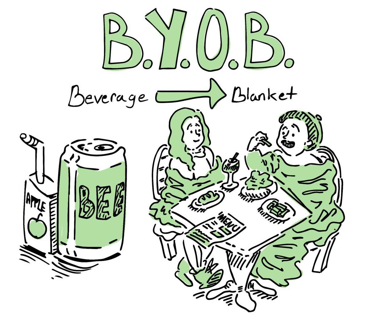 B.Y.O.B.: Used to mean Bring Your Own Beverage, now means Bring Your Own Blanket.