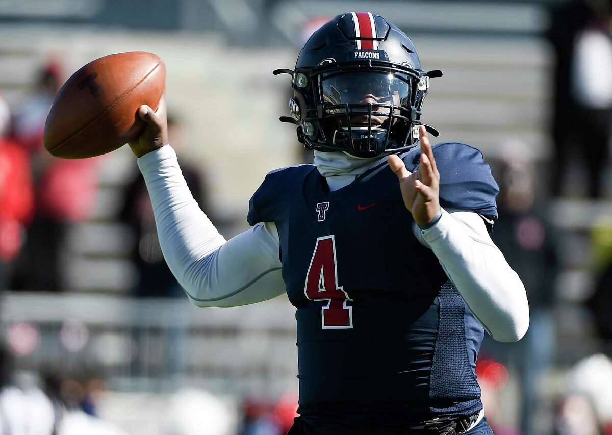 Tompkins quarterback Jalen Milroe throws a pass during the first half of a 6A Division I Region II regional semi-final high school football playoff game against North Shore, Thursday, Dec. 24, 2020, in Katy, TX.