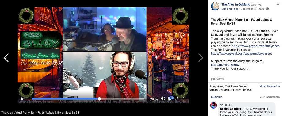 A screenshot from Episode 38 of the Alley’s Virtual Piano Bar, an archived Facebook Live stream featuring pianists Jef Labes, above, and Bryan Seet that has replaced the Alley's Saturday night singalongs during the pandemic. Photo: The Alley In Oakland Facebook Page
