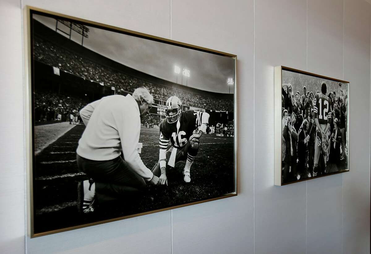 Many of the photographs of the 49ers were taken by team photographer Michael Zagaris including this one of Joe Montana and Coach Bill Walsh. A collection of 200 new artworks will decorate Levi's stadium, including photographs and original artwork of the team, but also material from the history of San Francisco, the Bay Area and California.
