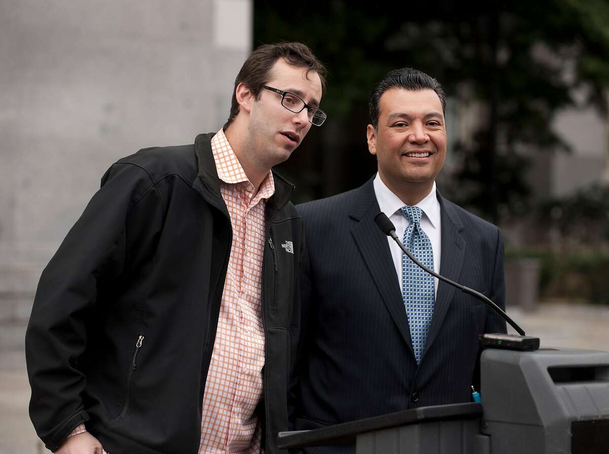 Levandowski, left, with then-state Sen. Alex Padilla, D-Pacoima, in 2012 at the introduction of a bill to establish guidelines for autonomous vehicles in California, pushed Google to accelerate its self-driving tech development.