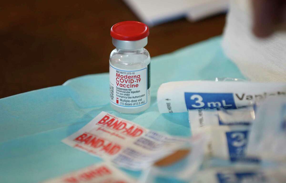 A vial of Moderna COVID-19 vaccine at Minute Maid Park Saturday, Jan. 9, 2021, in Houston.