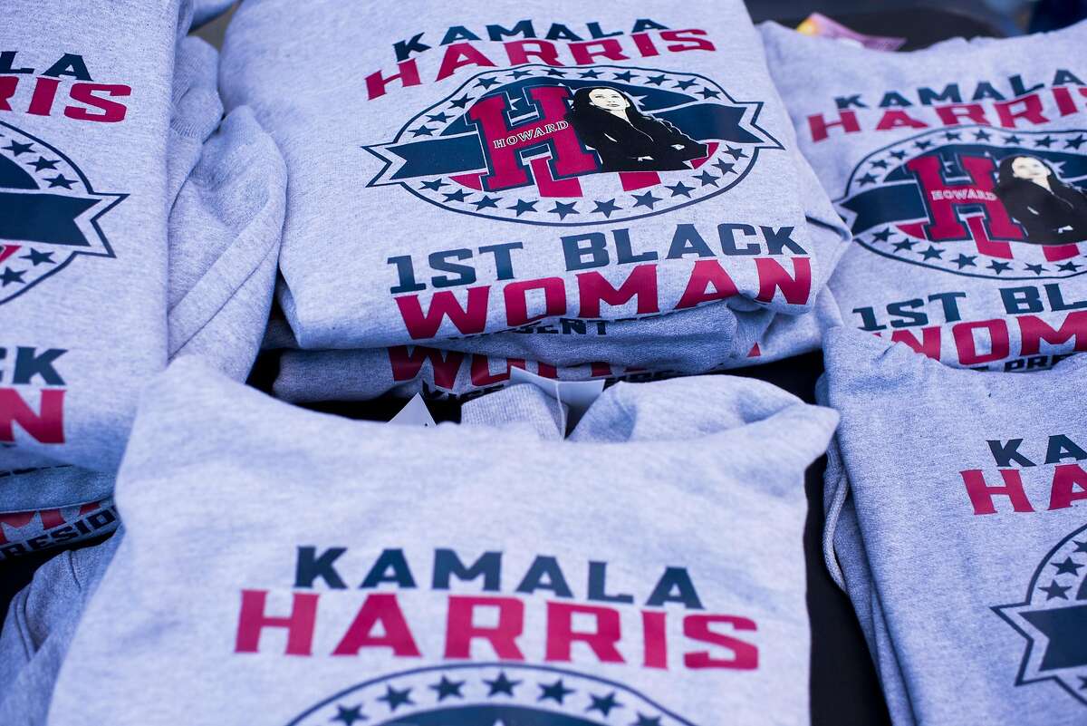 Sweatshirts proclaiming Kamala Harris the "1st Black Woman Vice President" and noting her alma mater, Howard University, are displayed for sale on K Street as Harris and Joe Biden take part in inauguration day festivities elsewhere in the city on January 20, 2021 in Washington, D.C.