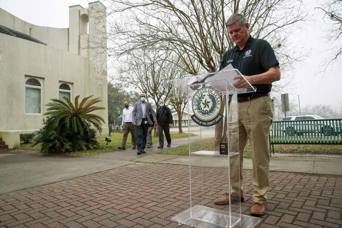 Galveston County Judge Mark Henry prepares for a press conference about mass vaccination efforts for Galveston County on Wednesday, Jan. 20, 2021, at Walter Hall Park in League City.