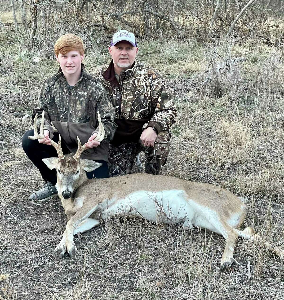 Brandon Faircloth (right) and Cooper Faircloth (left) with their kill on Monday, Dec. 23, 2020 in Goldthwaite, TX.