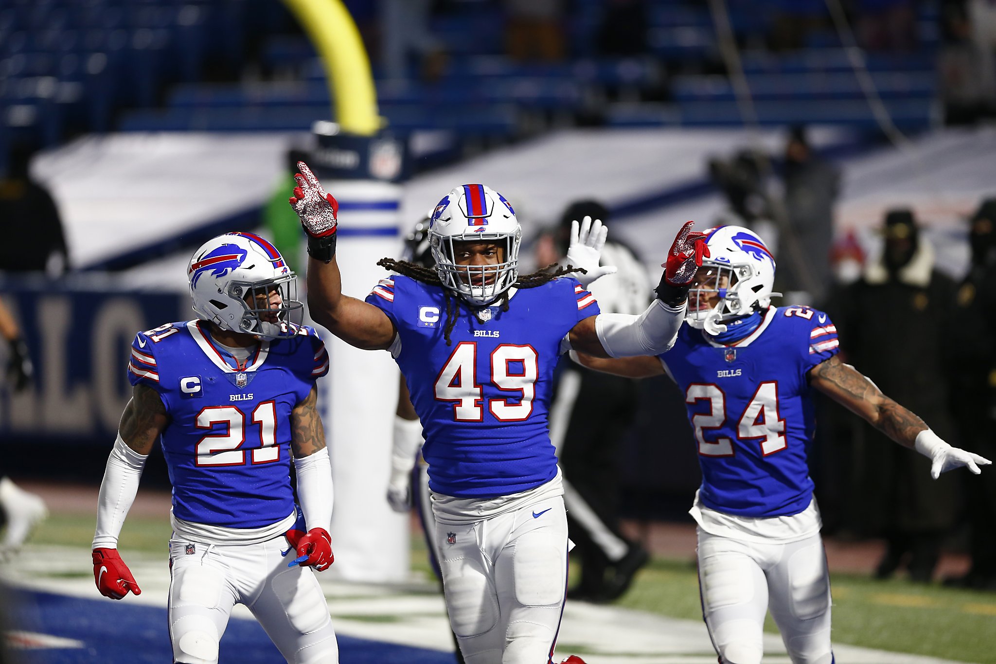 Buffalo Bills Micah Hyde, Jordan Poyer and Tremaine Edmunds