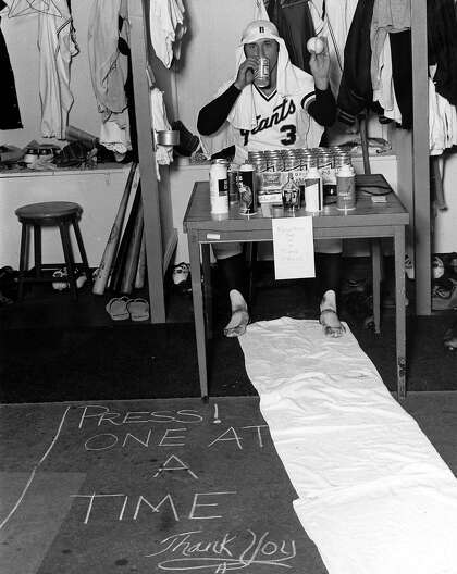 Mike Sadek, a San Francisco Giants catcher for eight seasons through 1981, is prepared to greet the media after getting a big hit in a victory at Candlestick Park.