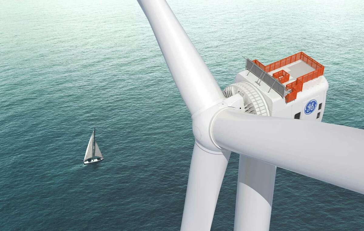 A rendering of GE's Haliade-X offshore wind turbine that is currently made in France. The company has met with state and local officials about a potential project to make the turbines in Capital Region. 