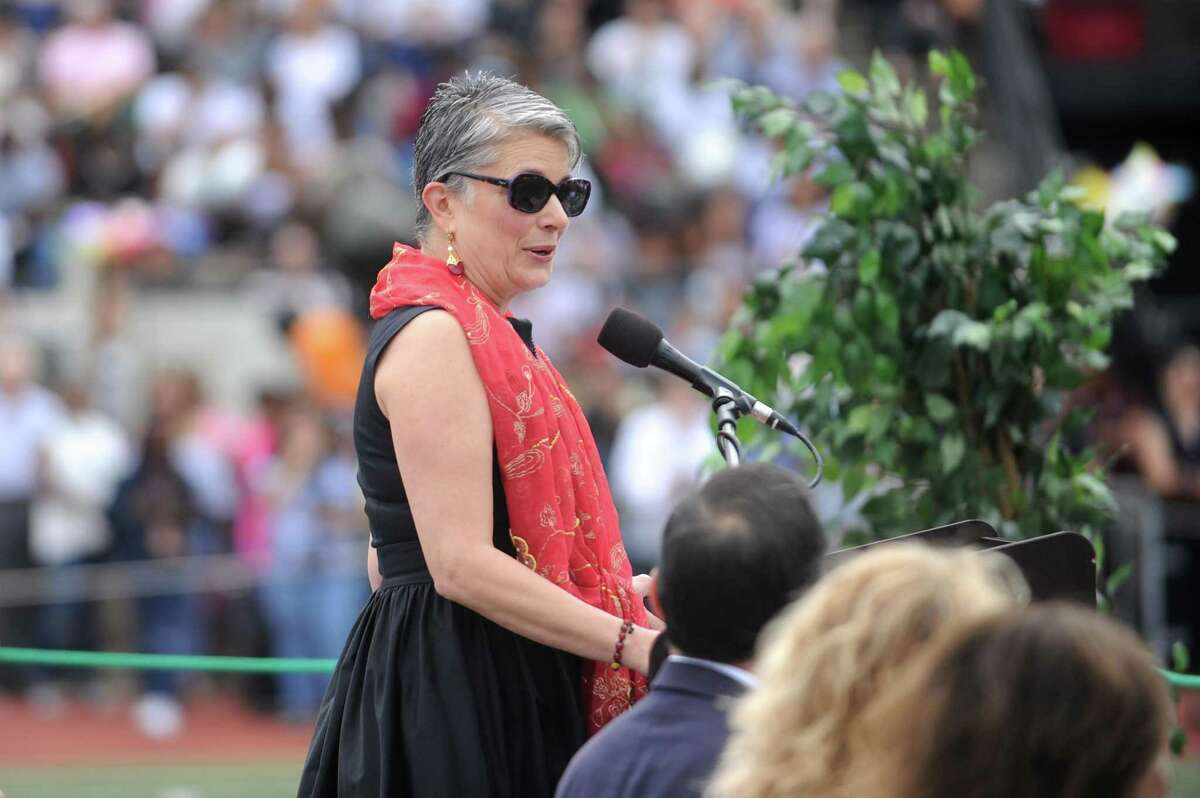 Fran Pastore, CEO of the Women's Business Development Council, gives the commencement address during the Stamford High School class of 2018 commencement ceremony in Stamford High School's Boyle Stadium on Friday, June 22, 2018.