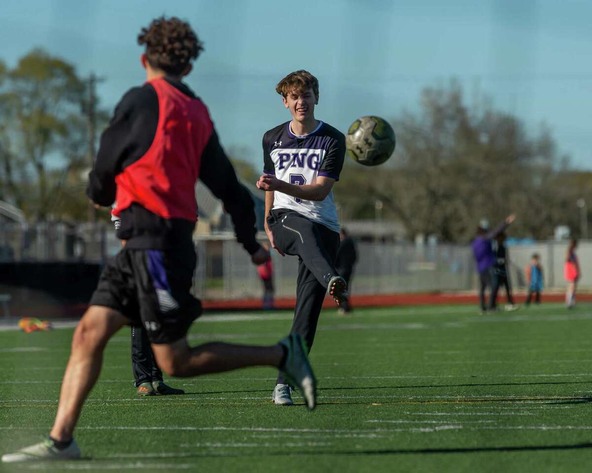Jason Lovejoy (7) puts the ball in the net during drills as the Port Neches-Groves Indians boys soccer team practices at the school on Thursday, February 27, 2020. Fran Ruchalski/The Enterprise