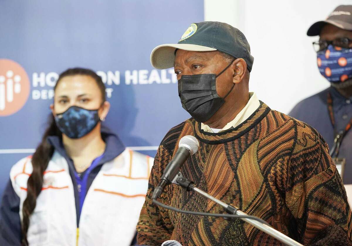 Houston Mayor Sylvester Turner addresses the media after touring Houston's mega vaccination site at Minute Maid Park on Saturday, Jan. 16, 2021. The site administered 5000 COVID vaccines.