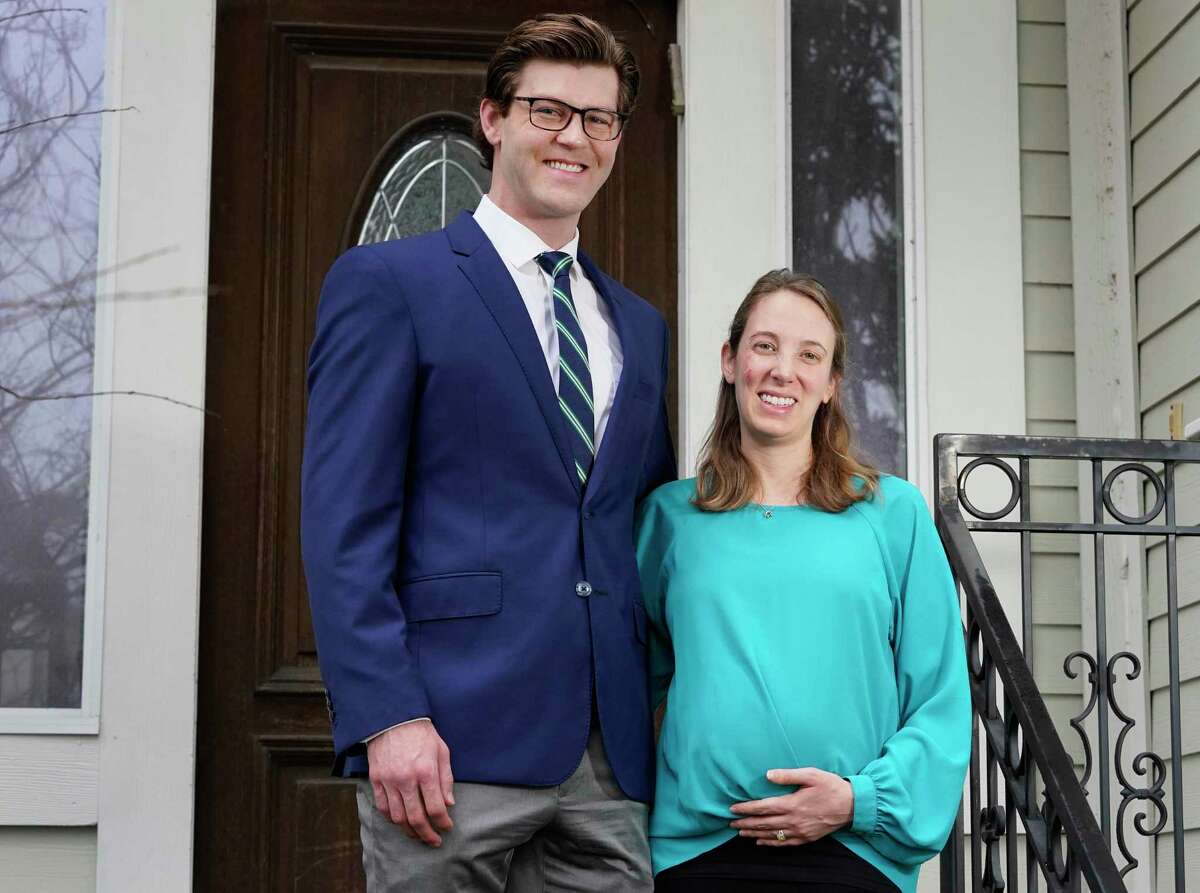 Matthew Hansel with his wife, Abbie Kamin, a Houston City Councilmember, who is eight months pregnant and will soon get the COVID-19 vaccination, are shown Thursday, Jan. 21, 2021 in Houston.