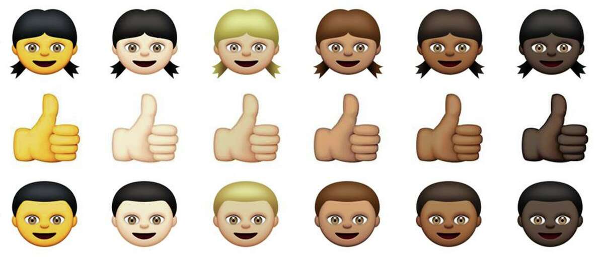 This combination made from images provided by Apple Inc. shows some of its diverse emojis. A League City woman says Apple’s racially diverse emoji line is “substantially similar” to those in an app she developed seven years ago. Now, she’s suing the tech giant for damages.