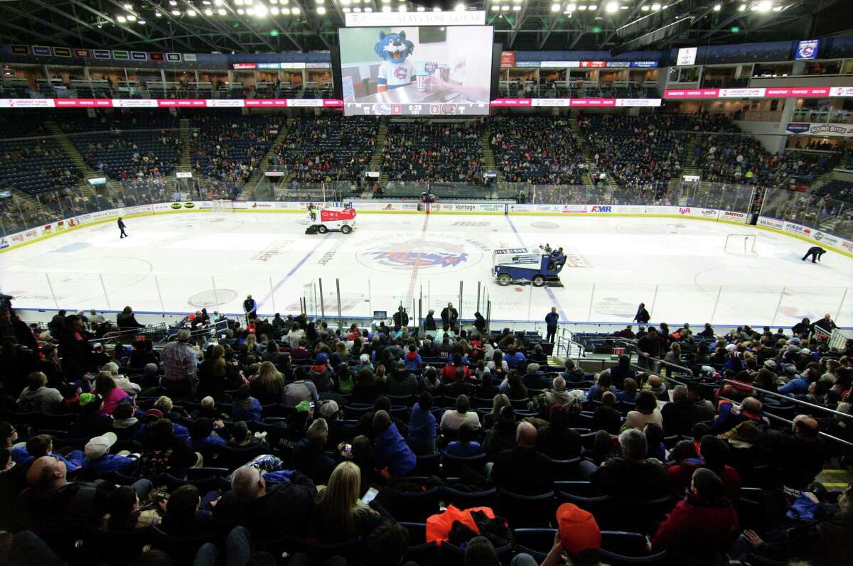 AHL hockey action between the Sound Tigers and Hershey at the Webster Bank Arena in Bridgeport, Conn., on Saturday, Jan. 27, 2018. The Sound Tigers announced that they will play a 24-game schedule with no fans for this season.