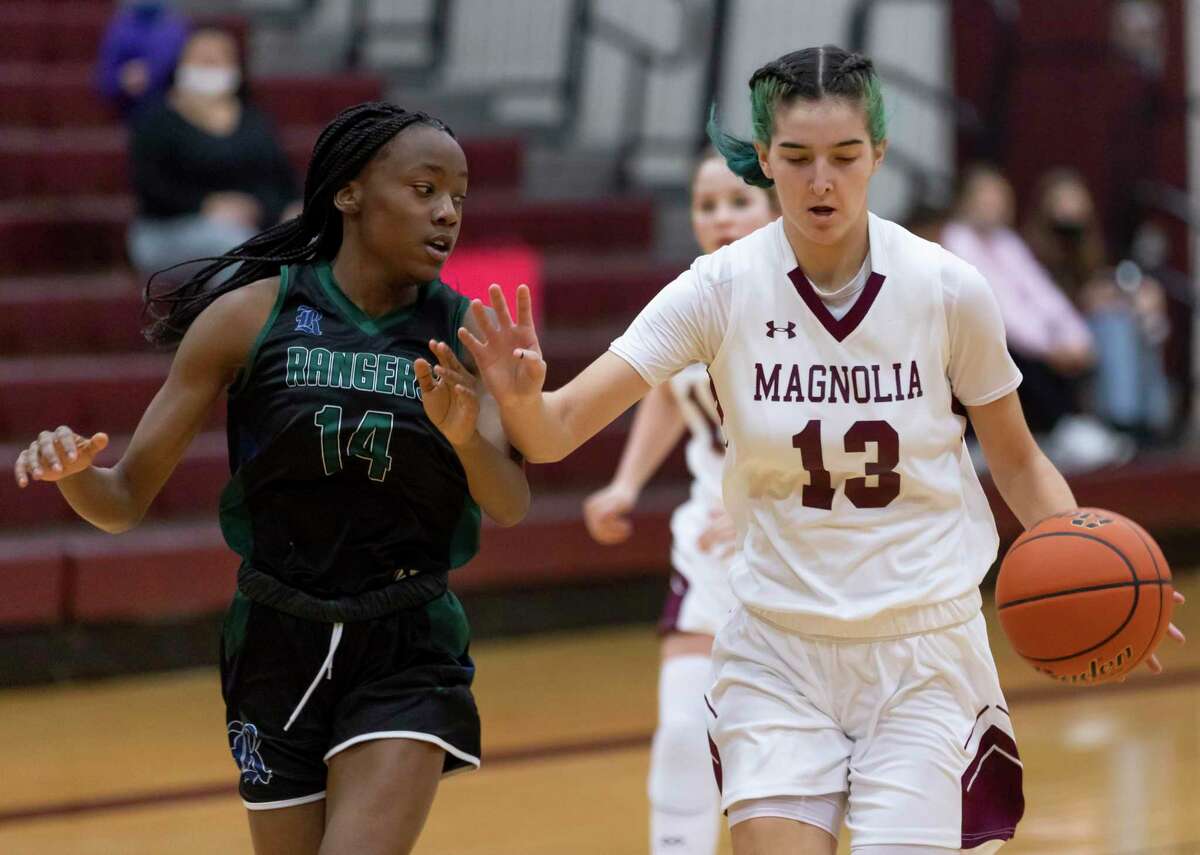Magnolia forward Gabrielle Huetter (13), shown here earlier this month against Bryan Rudder, scored 14 points in a win over Waller Friday night.