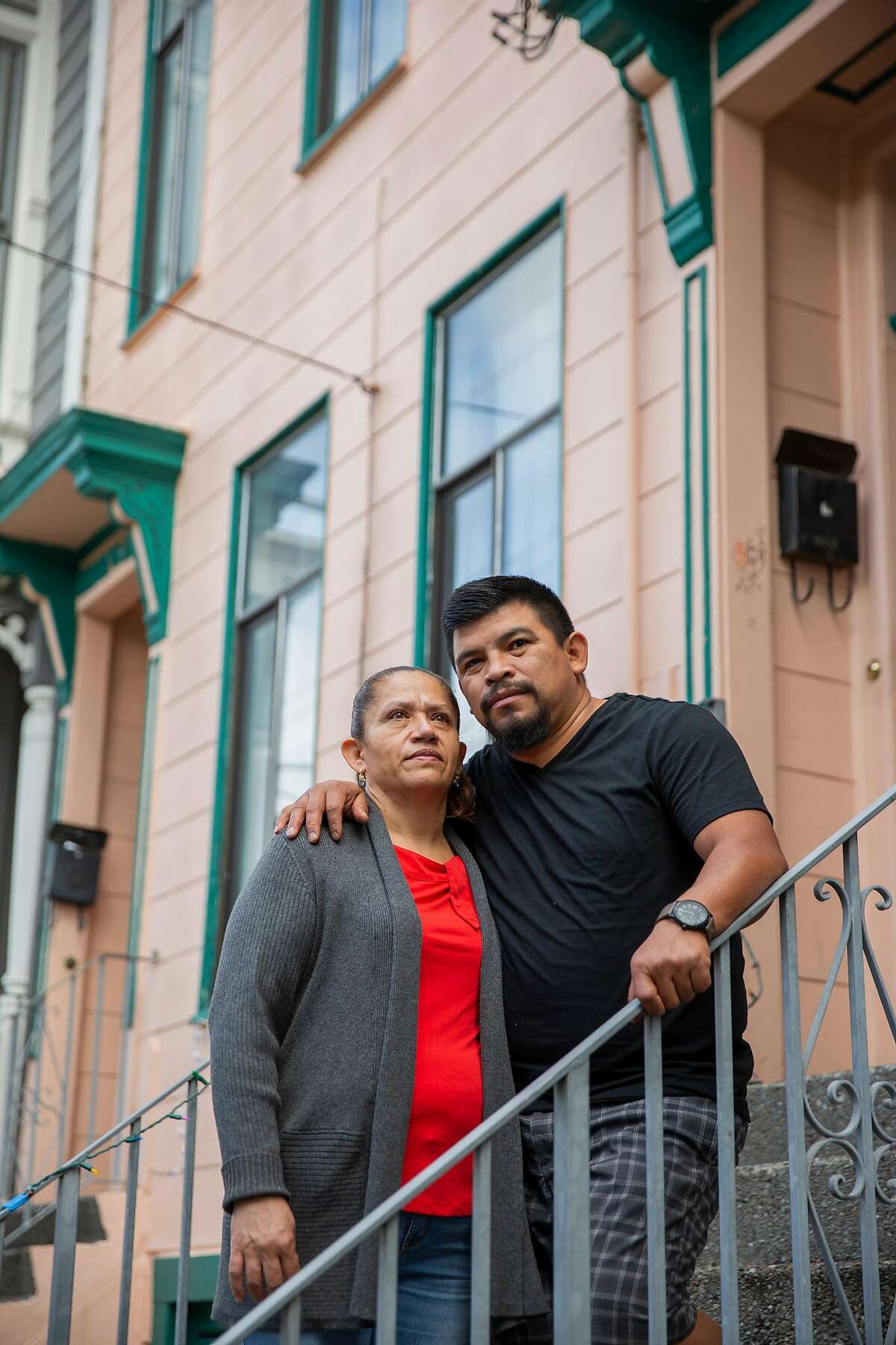 Antonia Lopez and Nelvin Velasquez outside their Mission District apartment,.