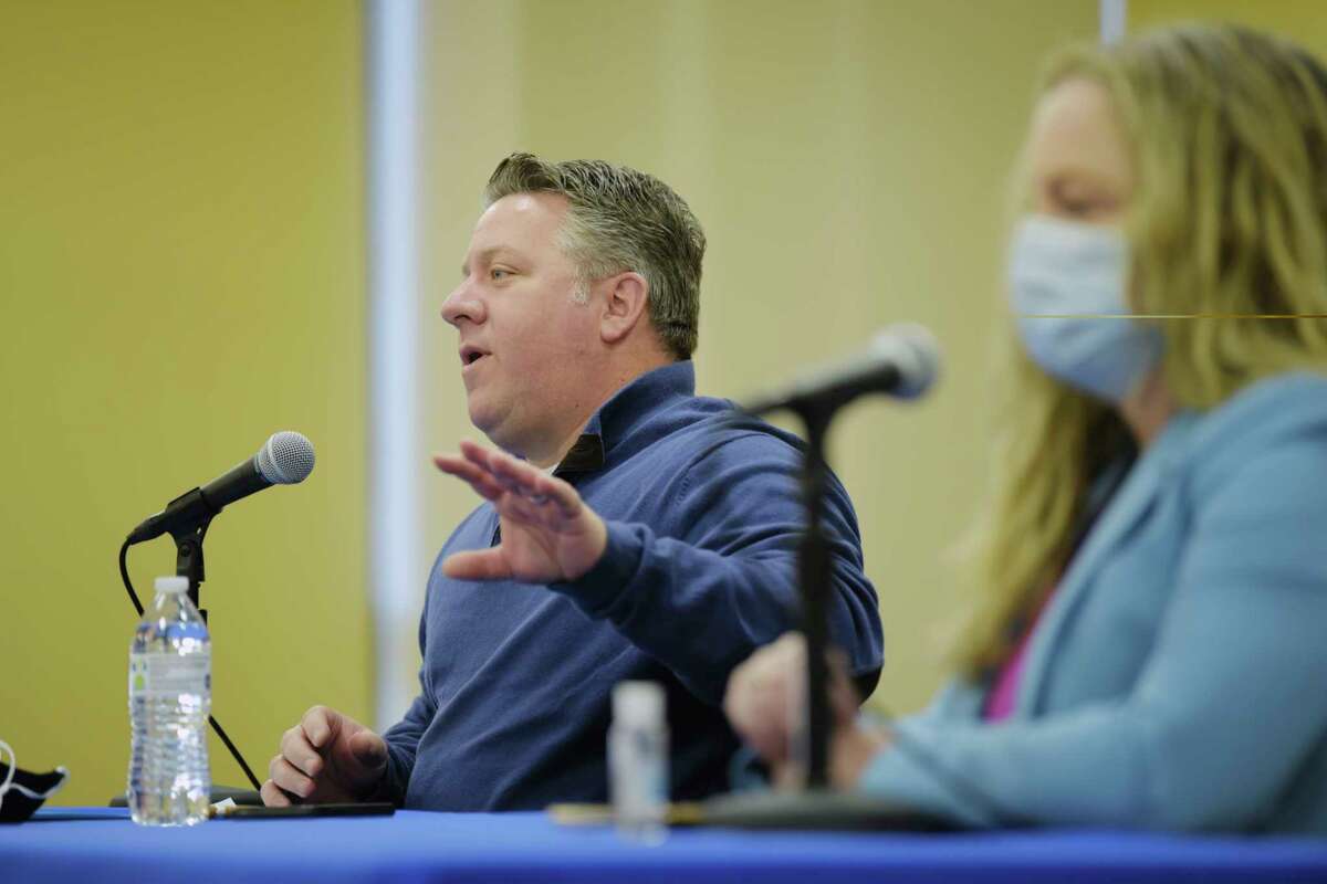 Albany County Executive Dan McCoy, left, and Albany County Department of Health Commissioner Dr. Elizabeth Whalen, take part in a press conference that was held to discuss Covid-19 related issues on Sunday, Jan. 24, 2021, in Albany, N.Y. (Paul Buckowski/Times Union)