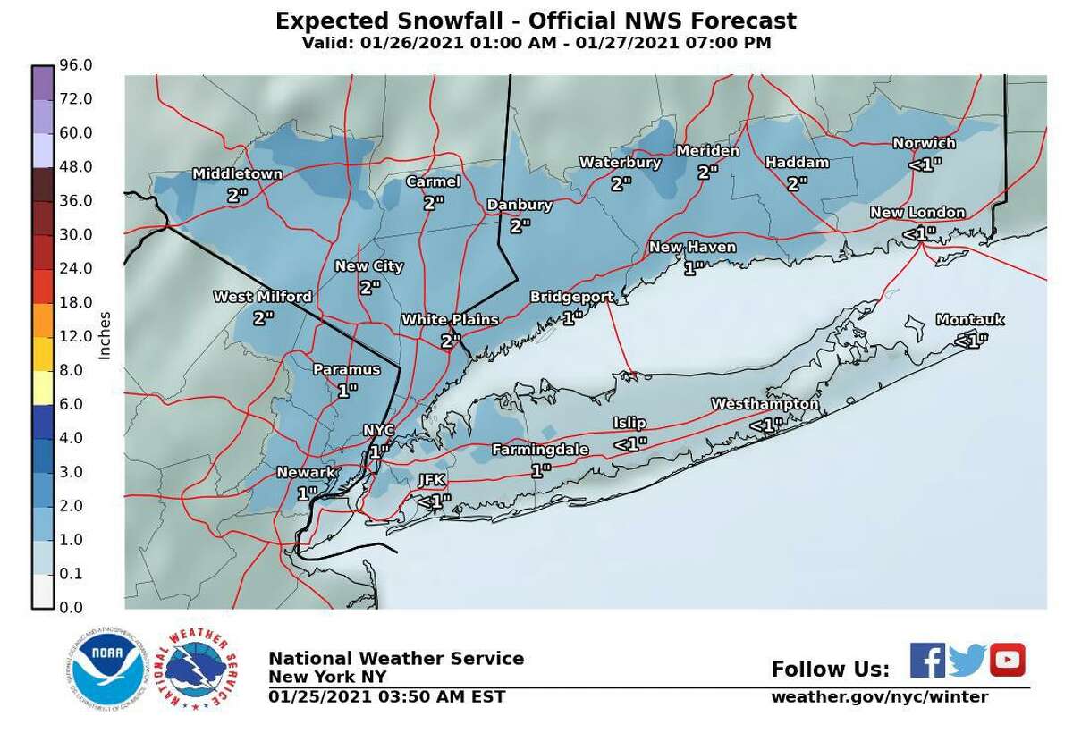 Current expected snowfall totals for Connecticut. Snow, rain and sleet are expected to fall across the tri-state area Tuesday, Jan. 26, 2021 into Wednesday. No advisories have been issued as of Monday.