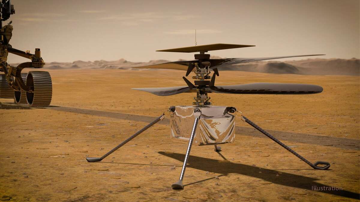 In this artist's concept, NASA's Ingenuity Mars Helicopter stands on the Red Planet's surface as NASA's Mars 2020 Perseverance rover (partially visible on the left) rolls away.