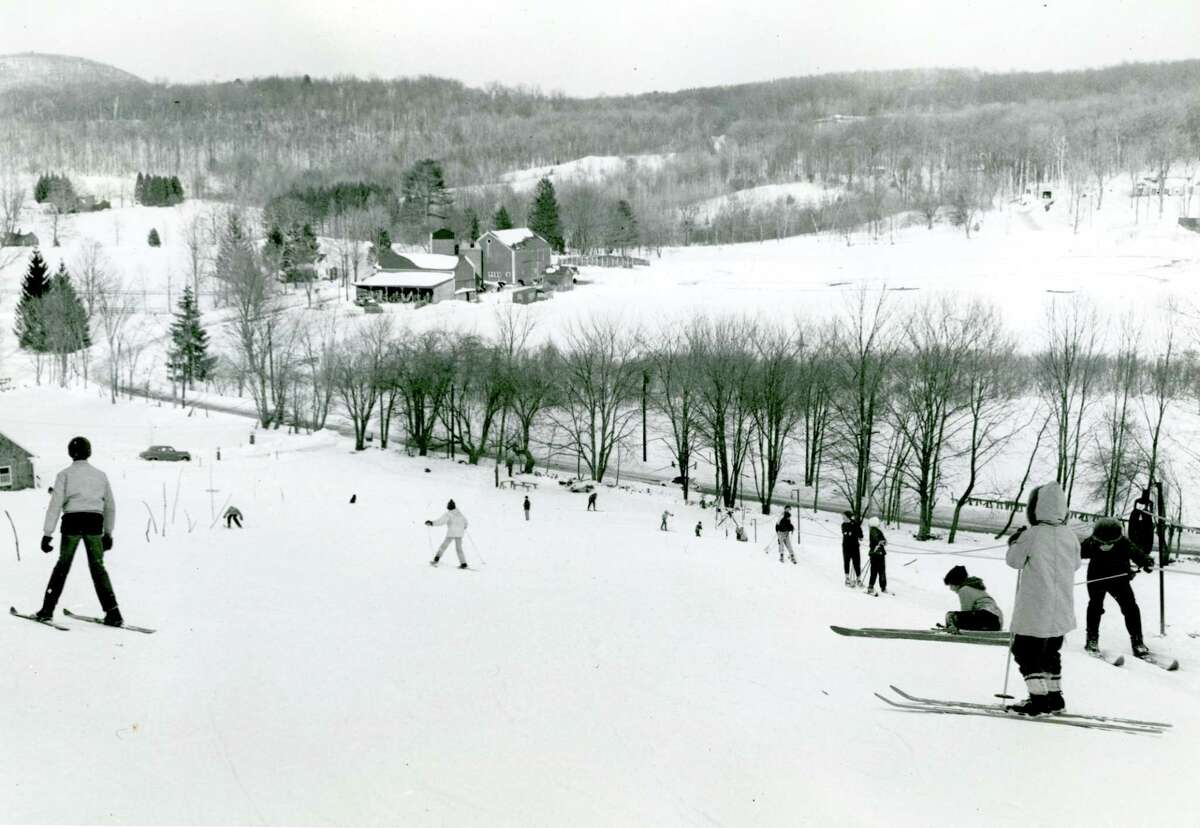 Skiing at Sabbaday Farm on Sabbaday Lane in Washington, circa 1950. From the collection of the Gunn Historical Museum; gift of Tillie Page Laird.