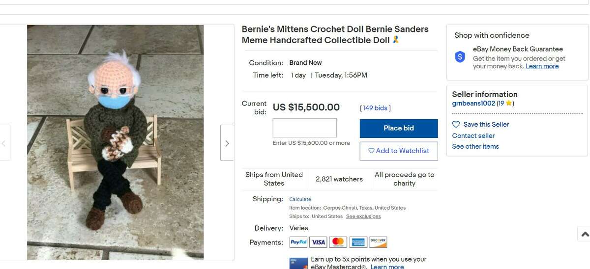 A crocheted Bernie Sanders doll by Tobey King in Corpus Christi is fetching more than $15,000 in bids on eBay. King is selling the prototype doll to benefit Meals on Wheels. The auction ends Tuesday just before 2 p.m.